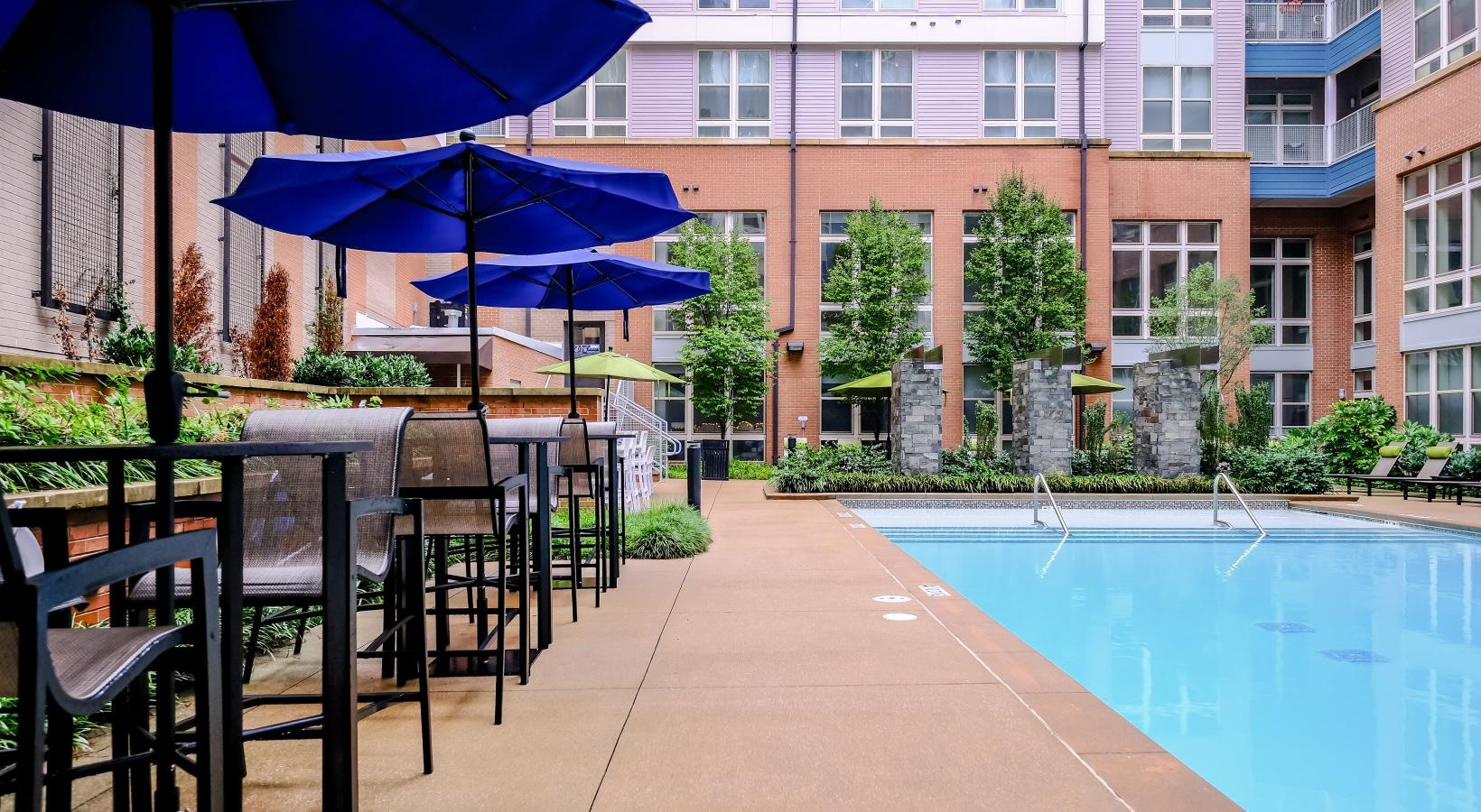 Relax and unwind poolside a pool with tables and chairs next to it and umbrellas by it
