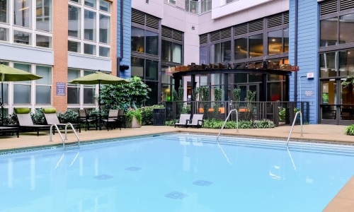 a swimming pool in a courtyard